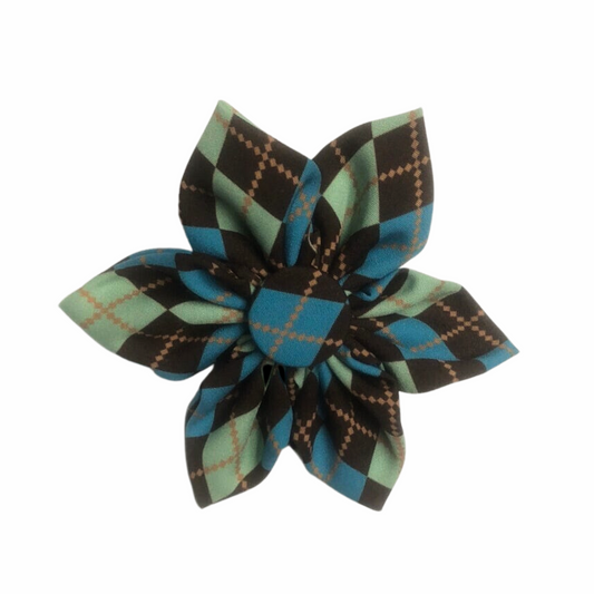 Cat Collar Flower - Teal Argyle Plaid